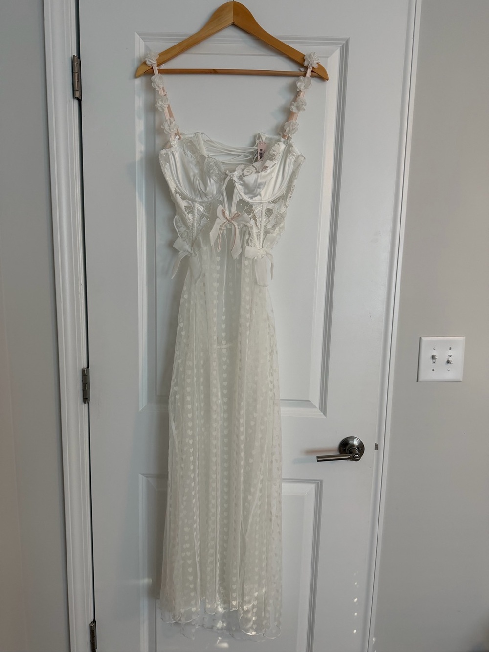 For Love & Lemons Cream Sheer Lace Long Chemise with Bow Straps